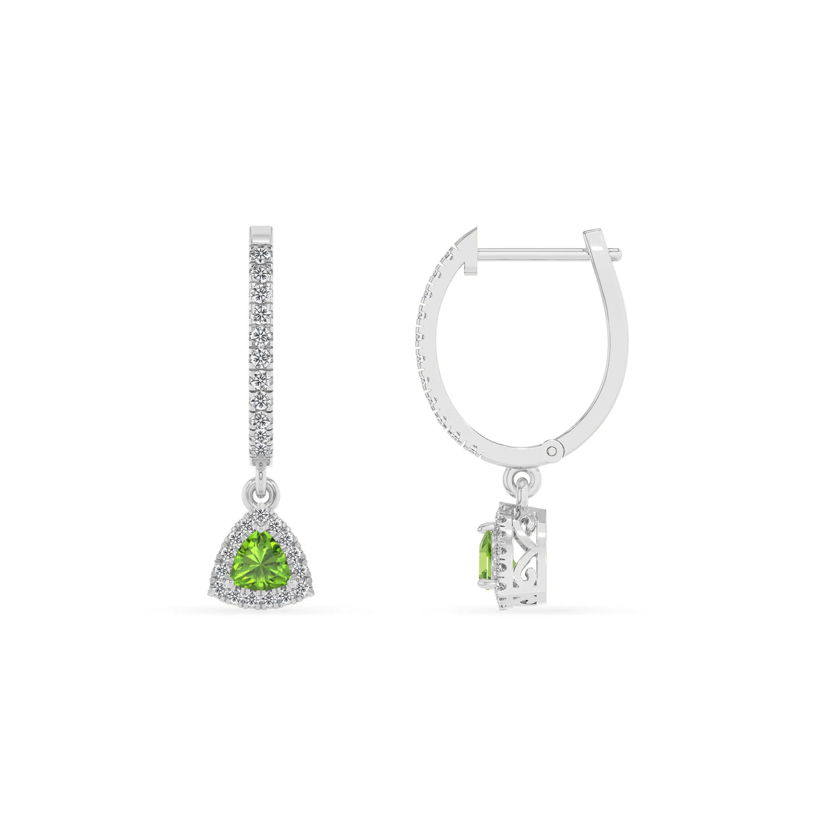 natural peridot trillion drop earrings in white gold 