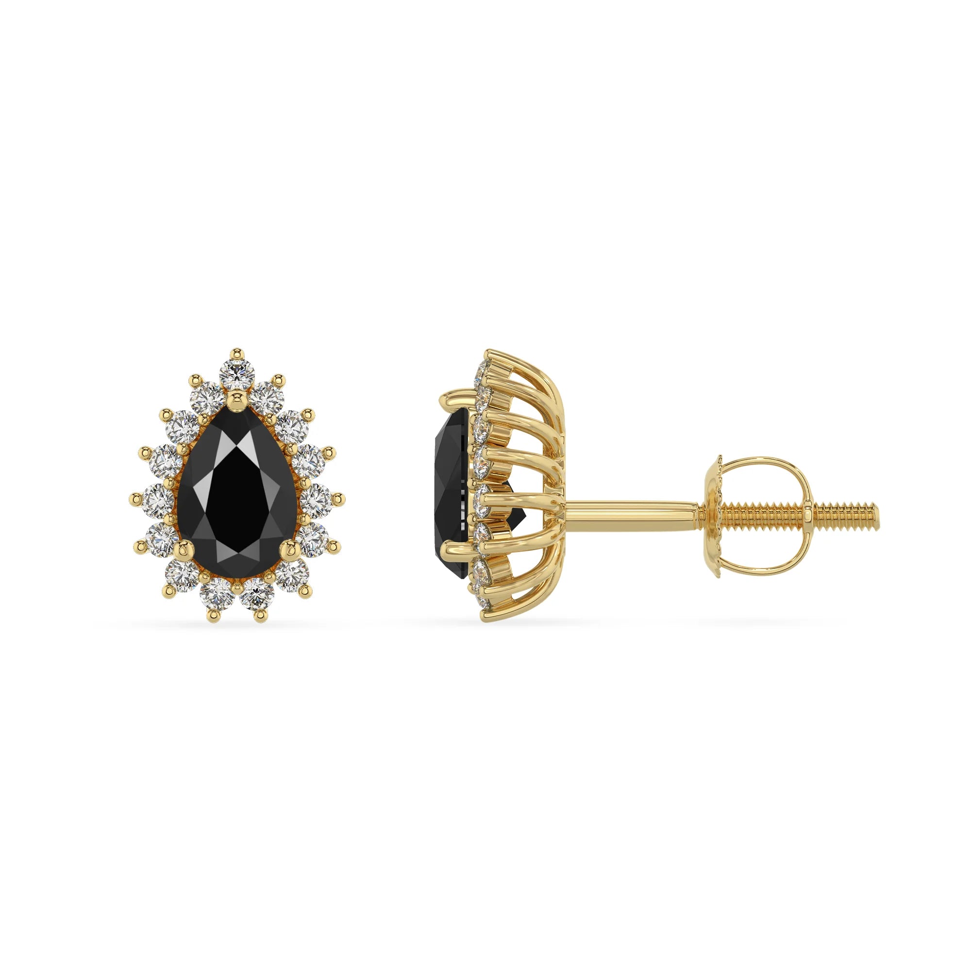 natural black onyx pear stud earrings in yellow gold 