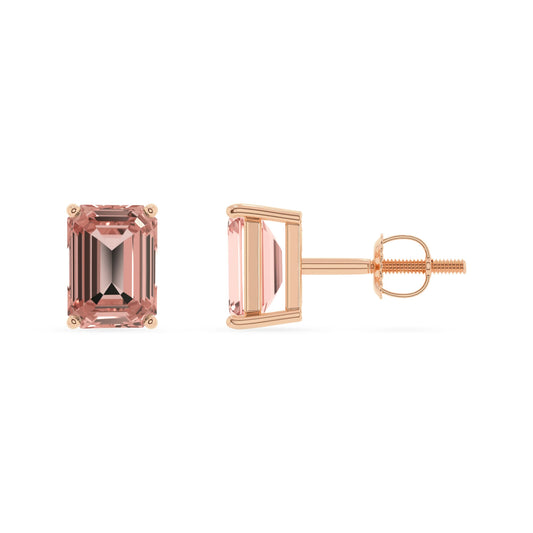 lab grown morganite emerald cut stud earrings in rose gold 