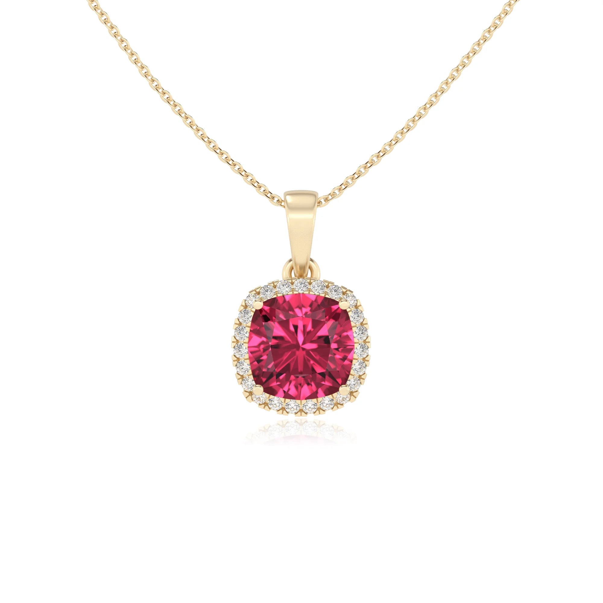 lab grown pink-tourmaline cushion solitaire necklaces in yellow gold 