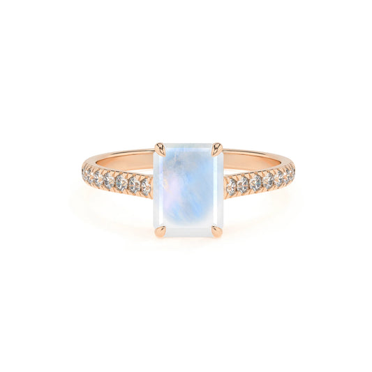 natural rainbow-moonstone emerald cut half eternity solitaire engagement rings in rose gold 