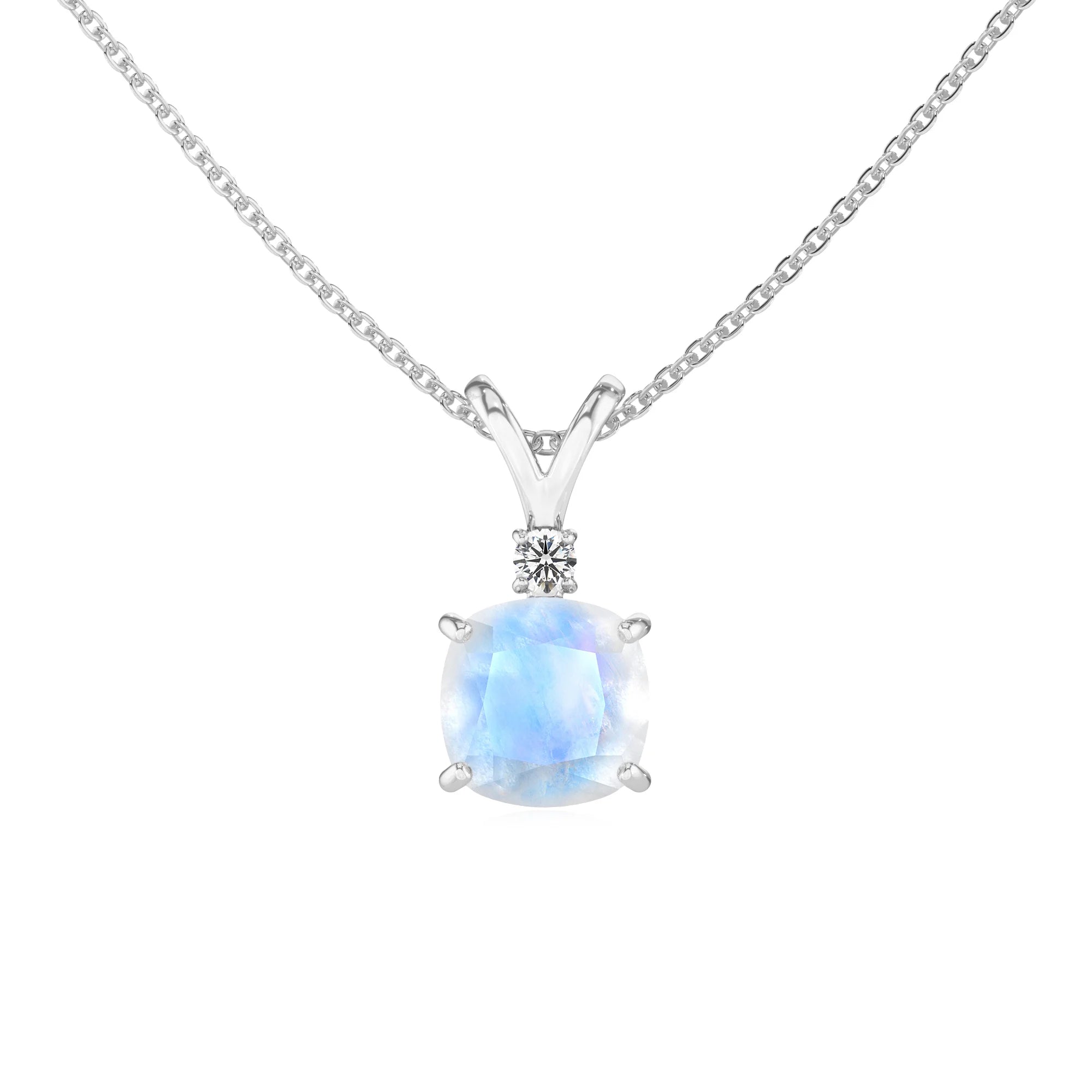 natural rainbow-moonstone cushion solitaire v-bale necklaces in sterling silver 