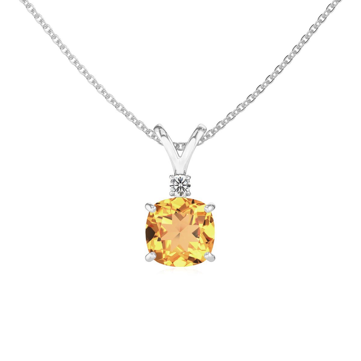 lab grown citrine cushion solitaire v-bale necklaces in white gold 