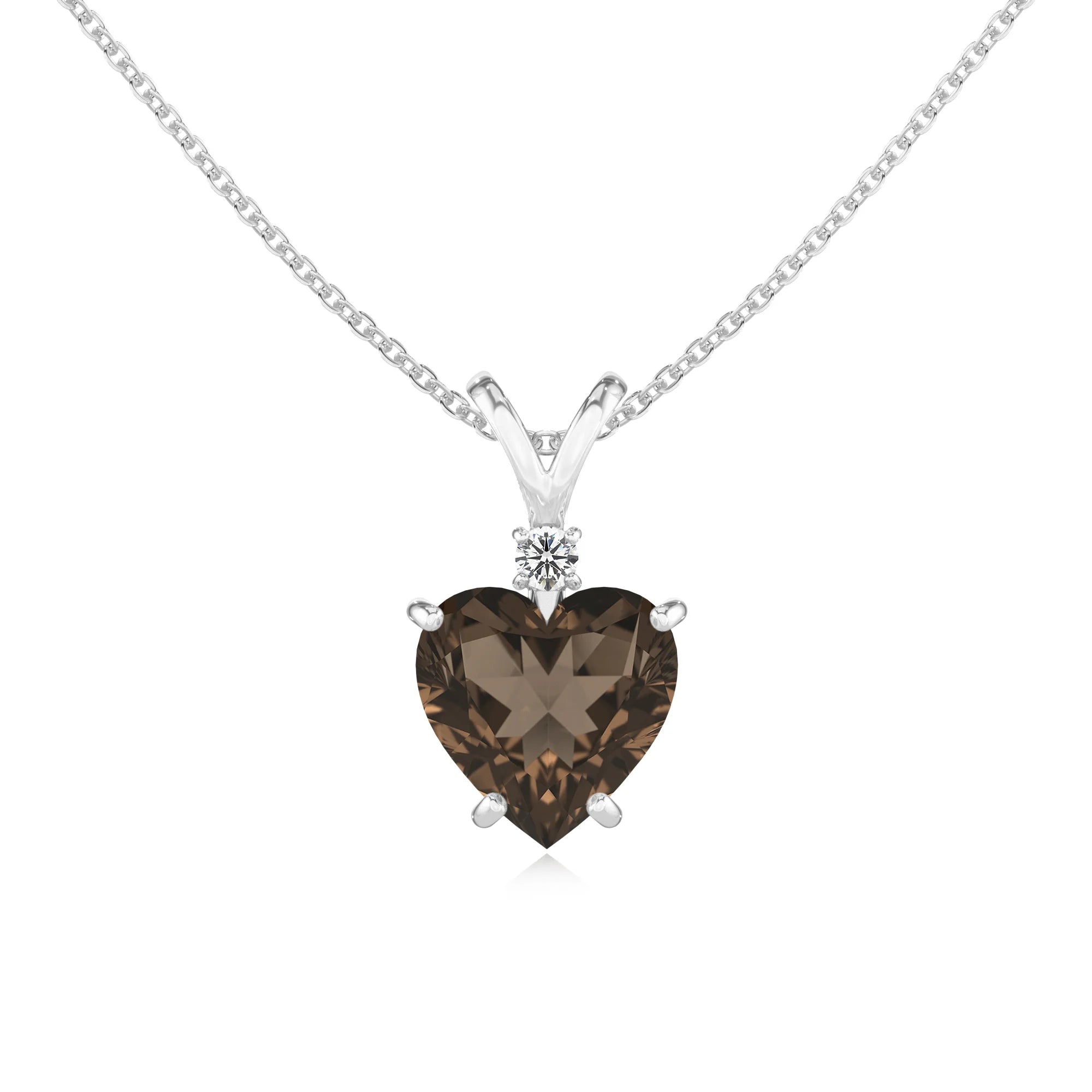 natural smoky-quartz heart solitaire v-bale necklaces in white gold 
