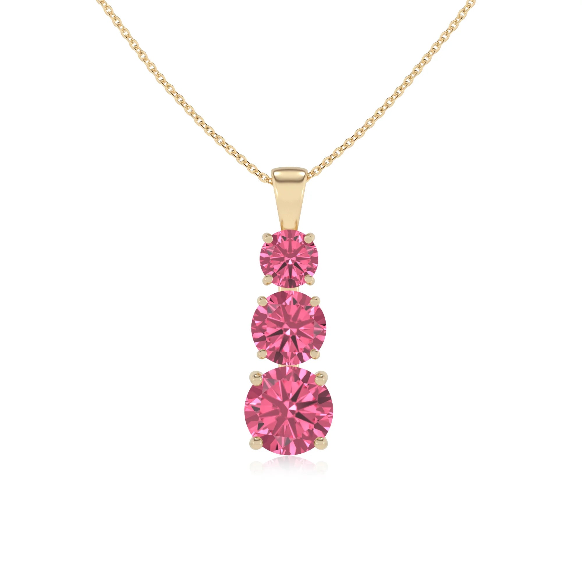 lab grown pink-tourmaline round bar v-bale necklaces in yellow gold 