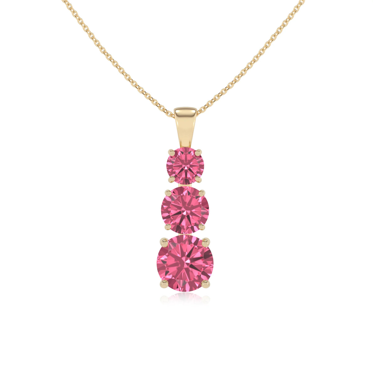 lab grown pink-tourmaline round bar v-bale necklaces in yellow gold 