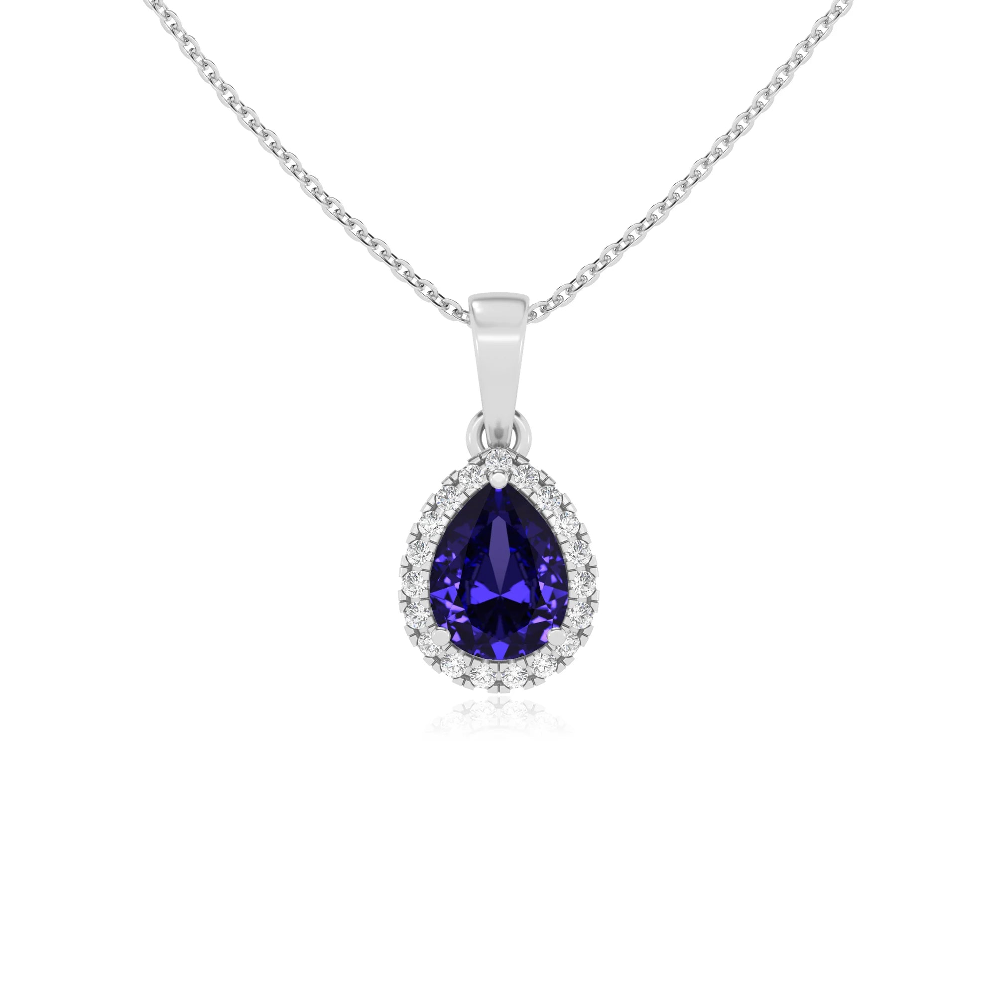 lab grown tanzanite pear solitaire necklaces in white gold 