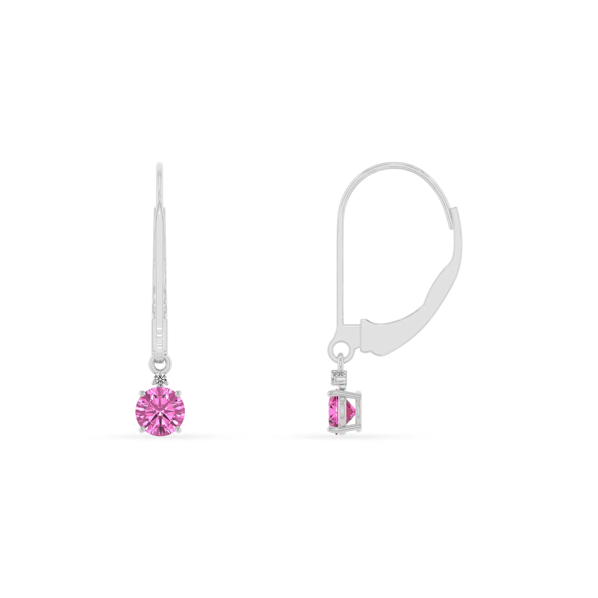 lab grown pink sapphire round drop earrings in white gold 