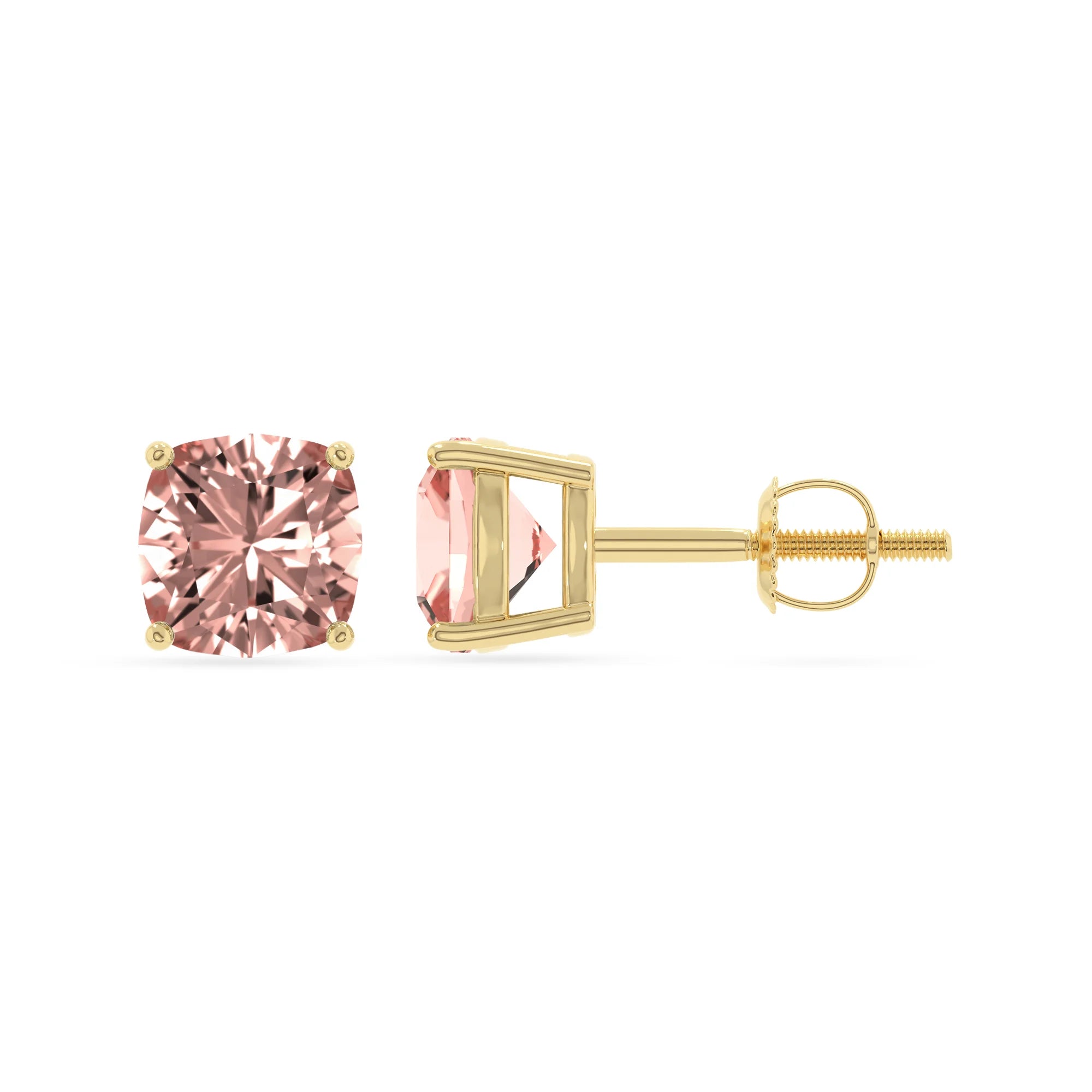lab grown morganite cushion stud earrings in yellow gold 