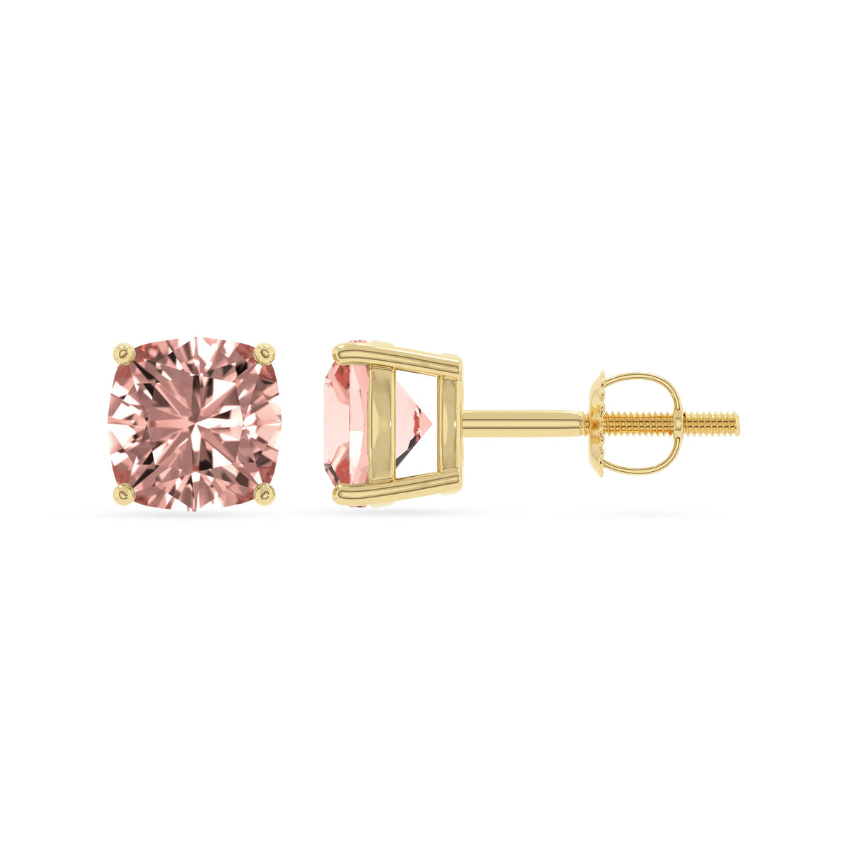 lab grown morganite cushion stud earrings in yellow gold 