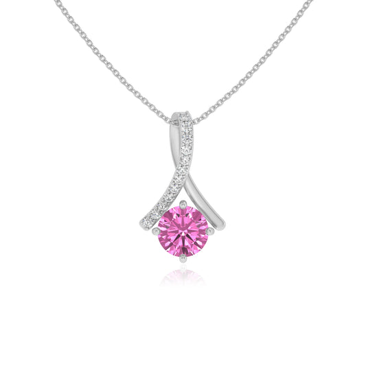 lab grown pink-sapphire round solitaire necklaces in white gold 