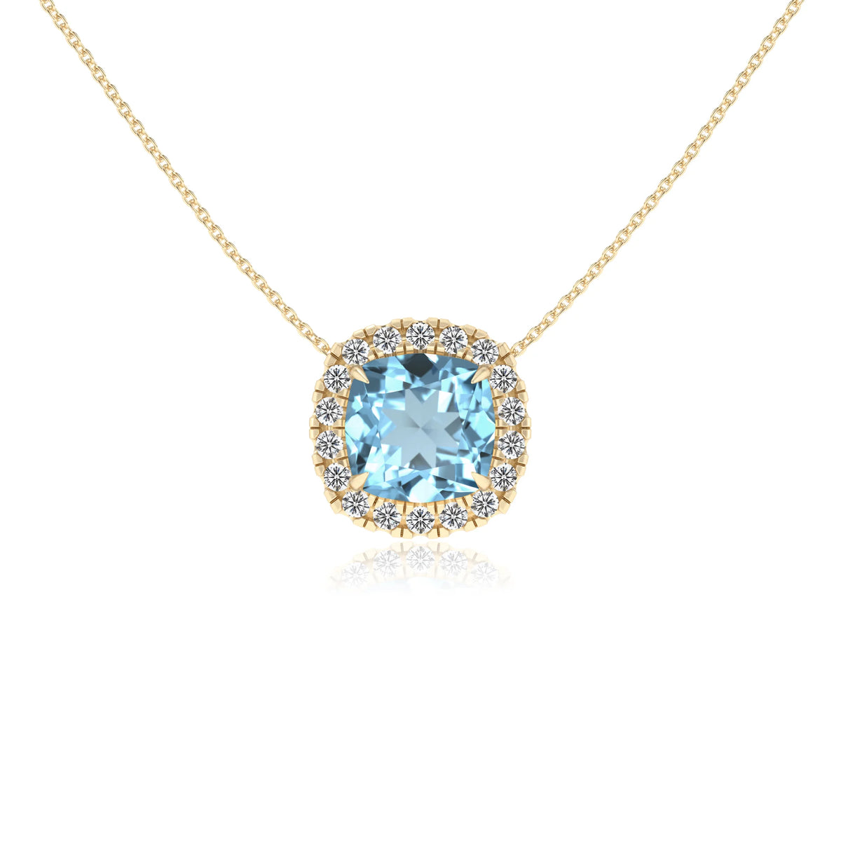 lab grown aquamarine cushion solitaire necklaces in yellow gold 