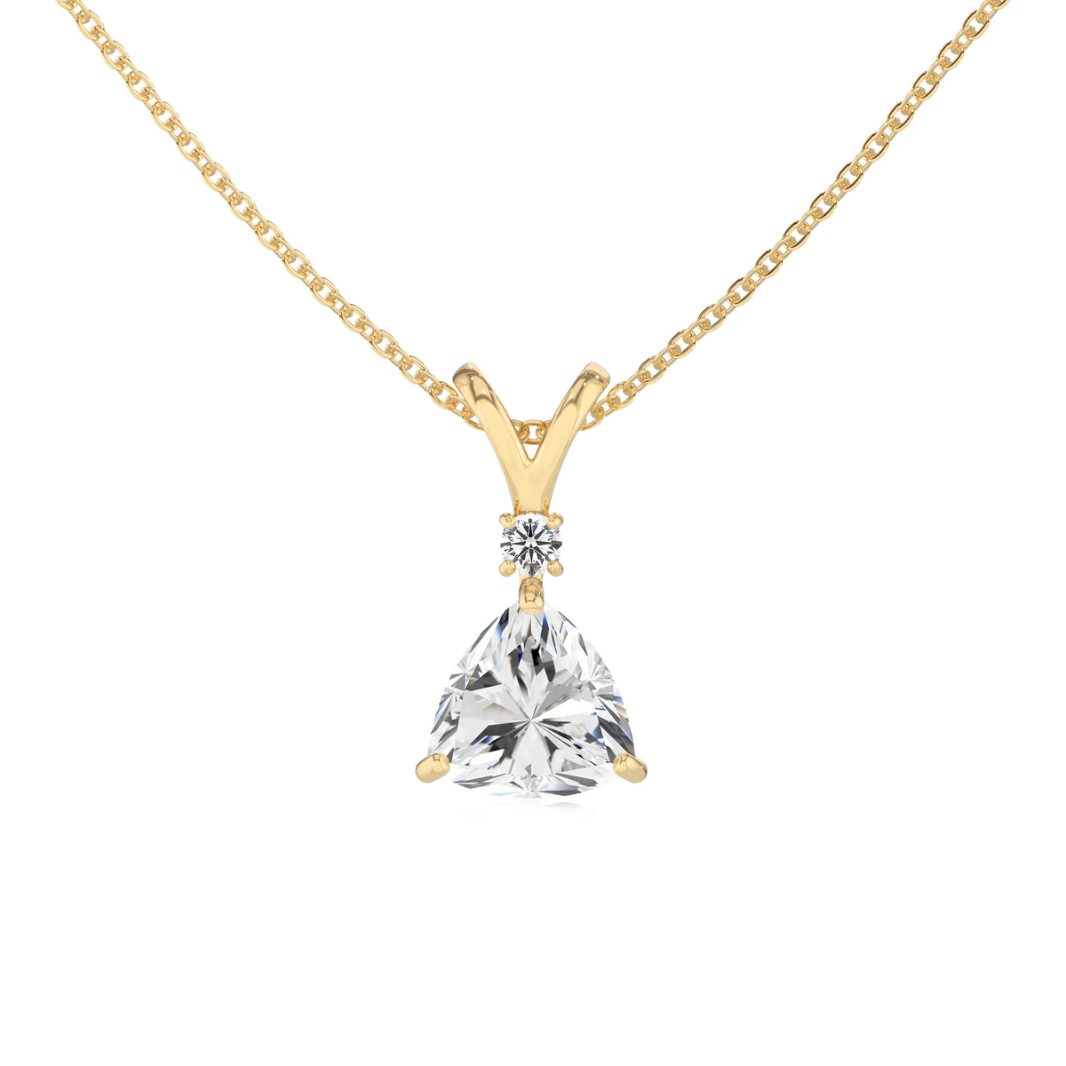 lab grown moissanite trillion solitaire v-bale necklaces in yellow gold 