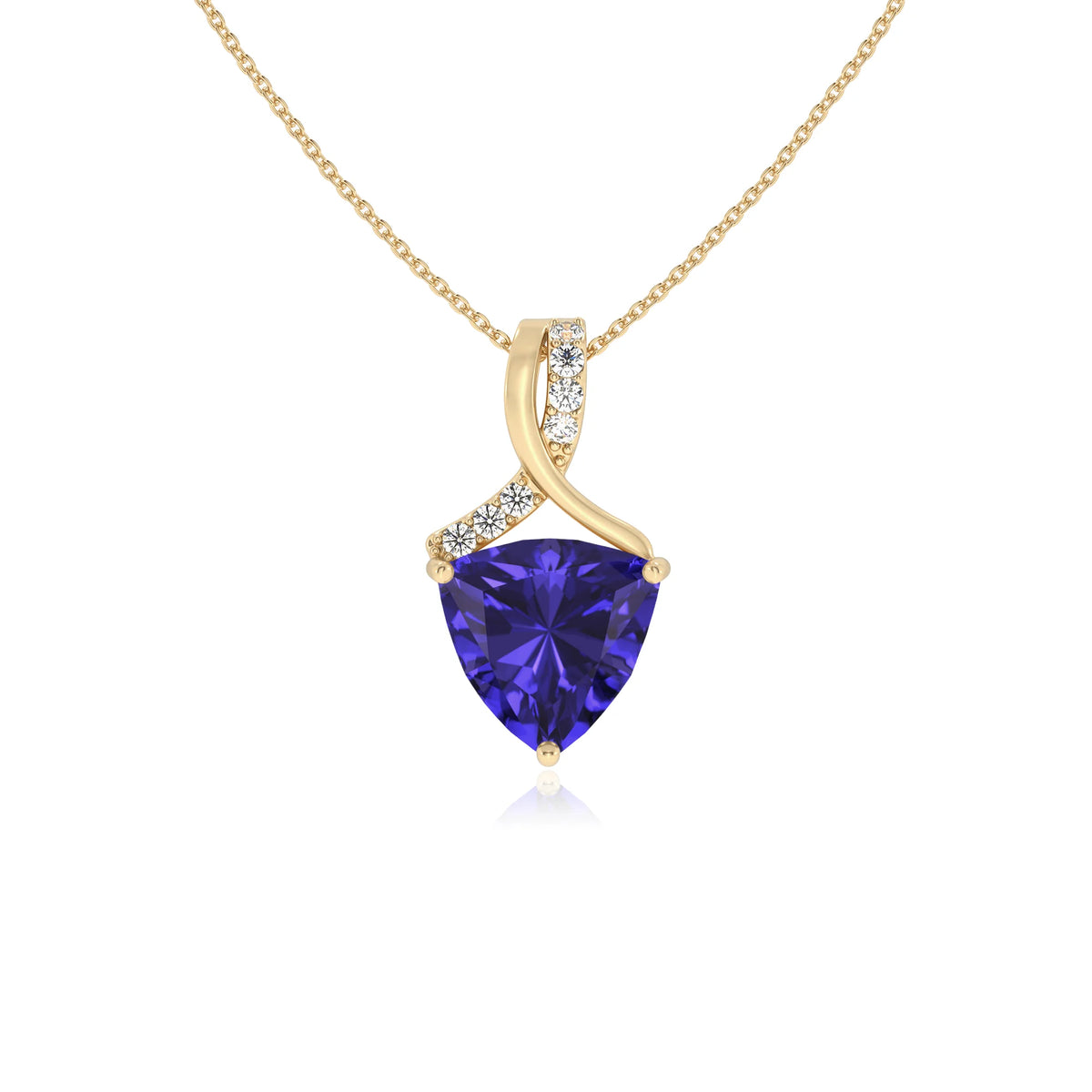 lab grown tanzanite trillion solitaire necklaces in yellow gold 