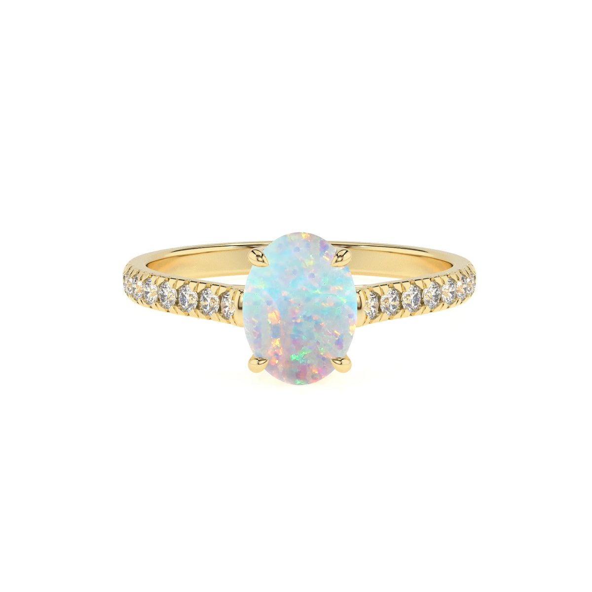 lab grown opal oval half eternity solitaire engagement rings in yellow gold 