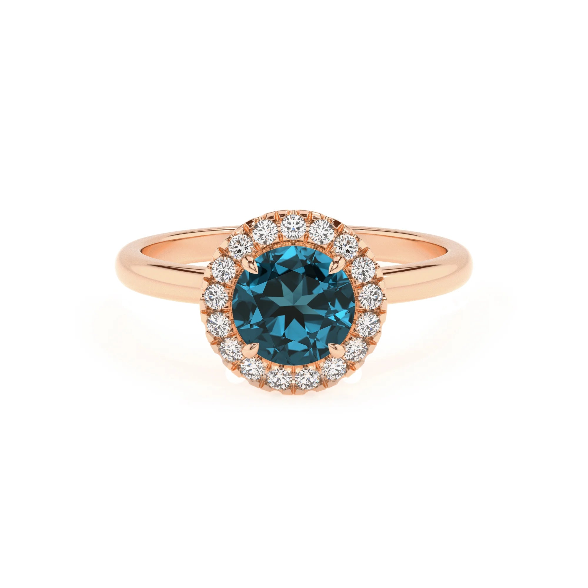 natural london-blue-topaz round solitaire rings in rose gold 