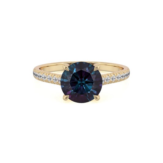 lab grown alexandrite round half eternity solitaire engagement rings in yellow gold 