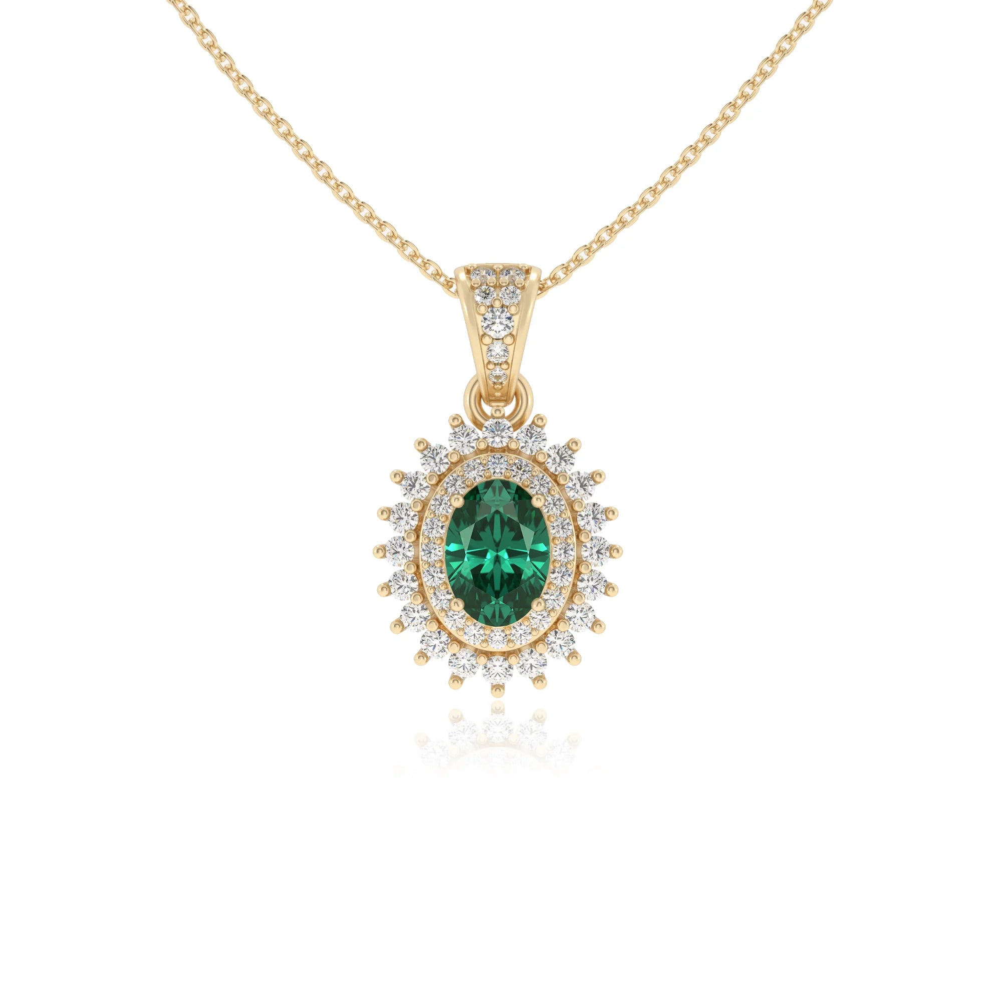 lab grown emerald oval halo necklaces in yellow gold 