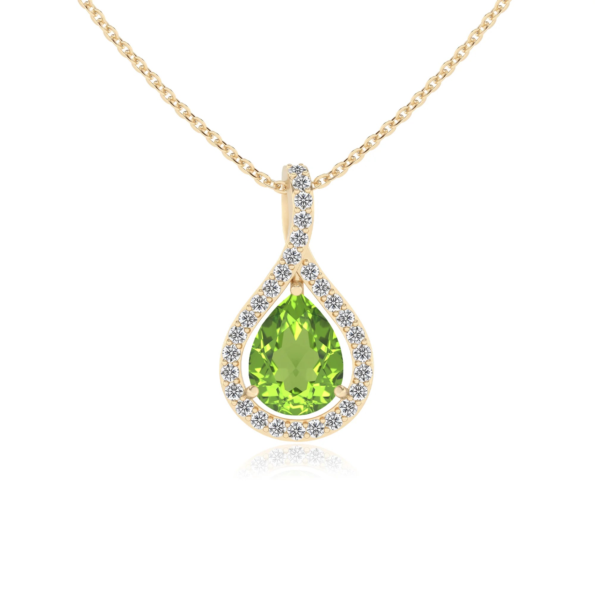 natural peridot pear solitaire necklaces in yellow gold 