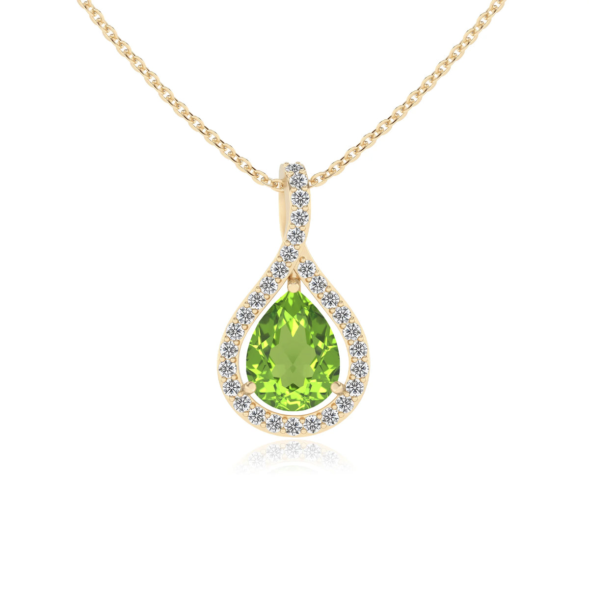 natural peridot pear solitaire necklaces in yellow gold 