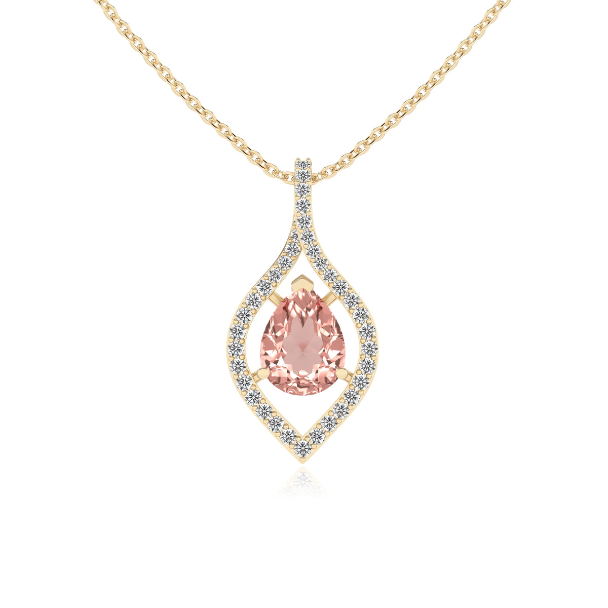 lab grown morganite pear infinity necklaces in yellow gold 