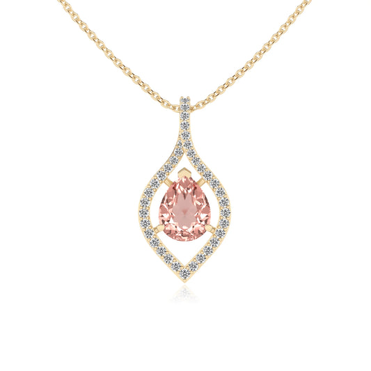lab grown morganite pear infinity necklaces in yellow gold 