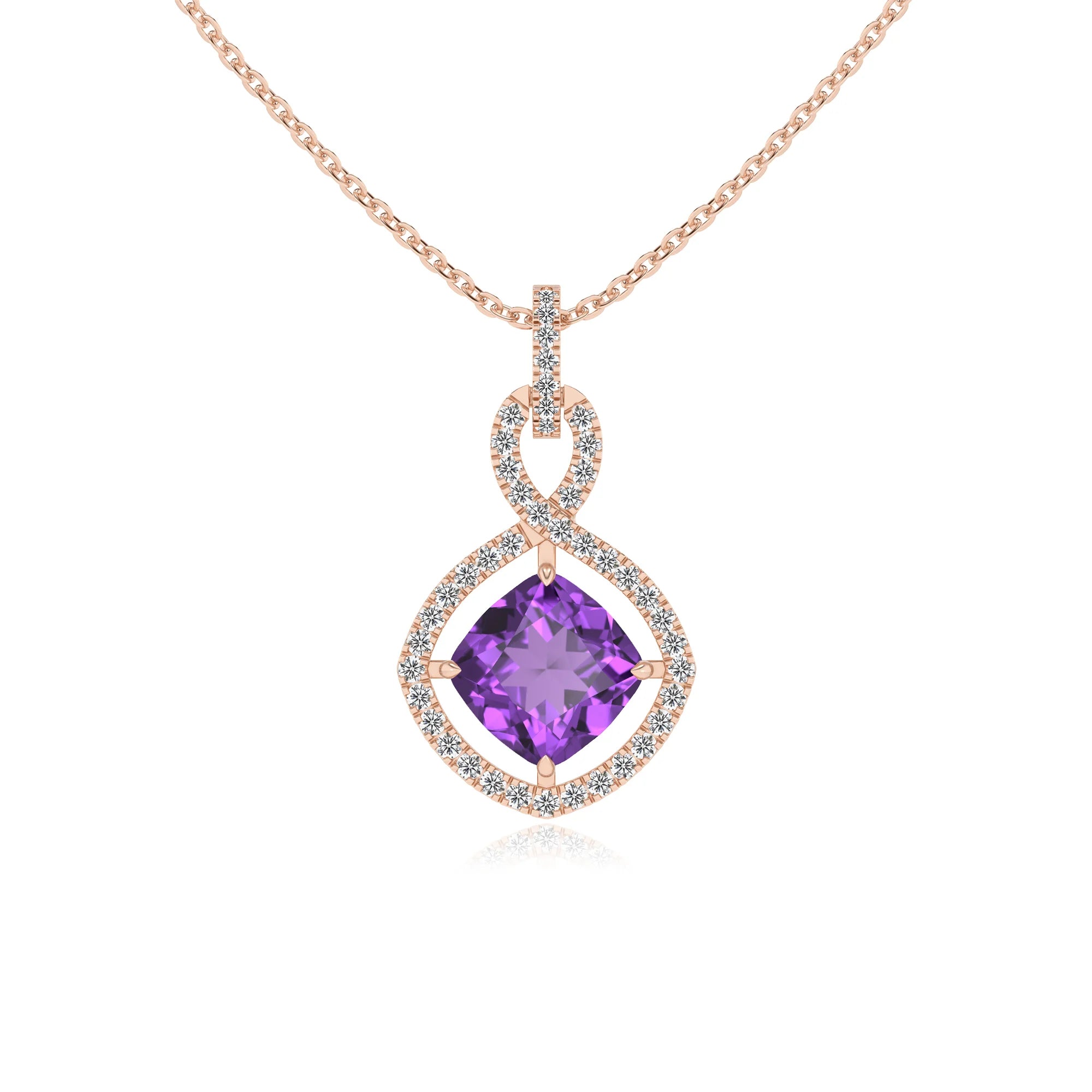 lab grown amethyst cushion infinity necklaces in rose gold 