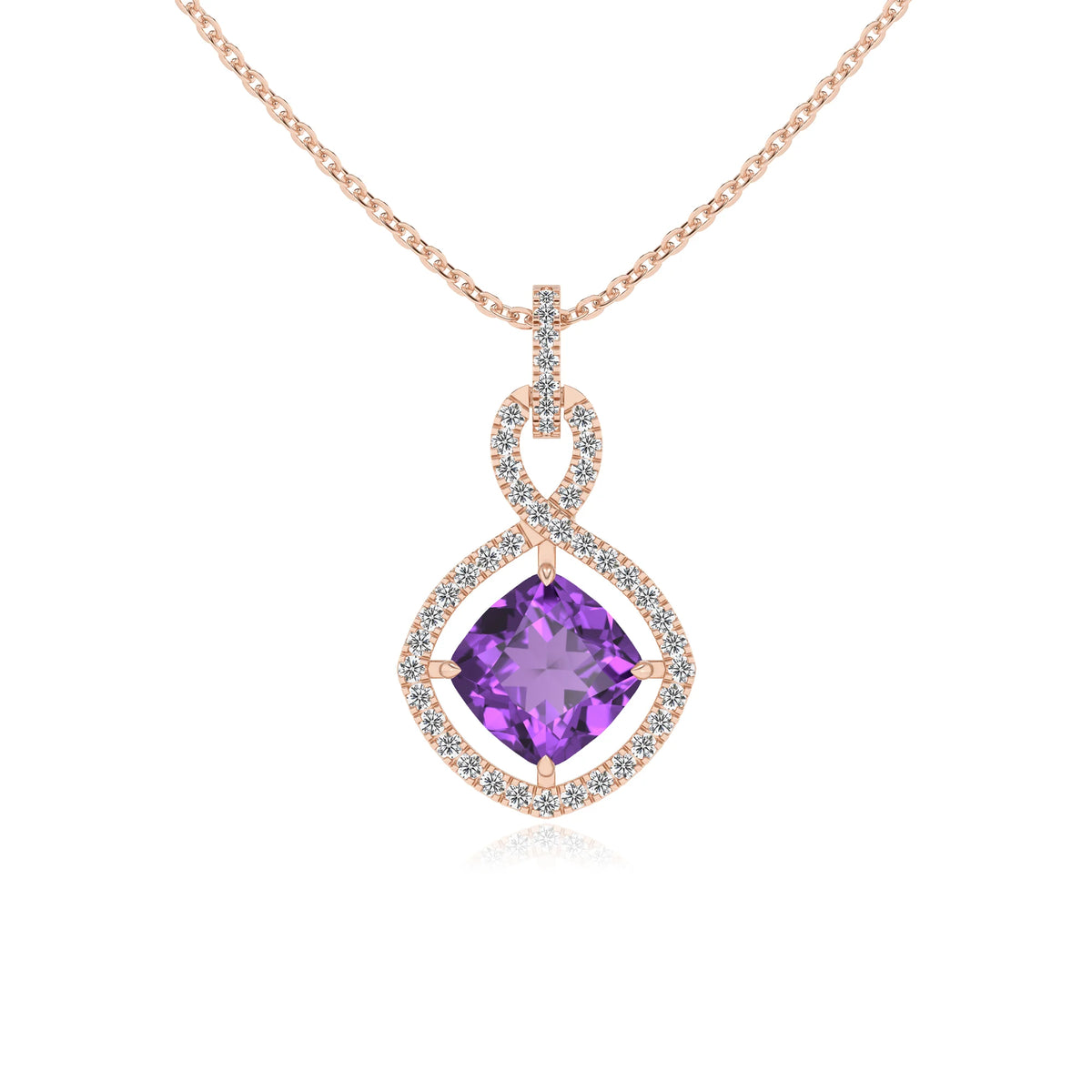 lab grown amethyst cushion infinity necklaces in rose gold 