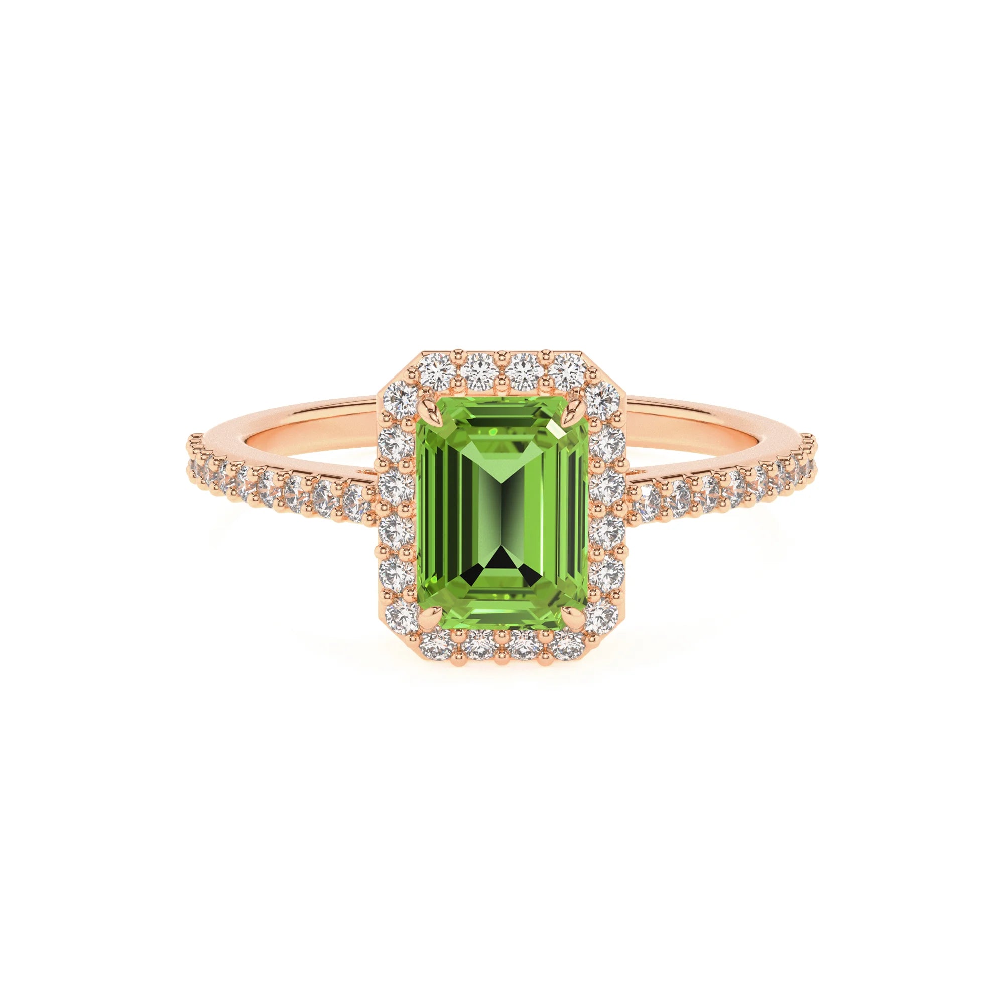natural peridot emerald cut solitaire rings in rose gold 