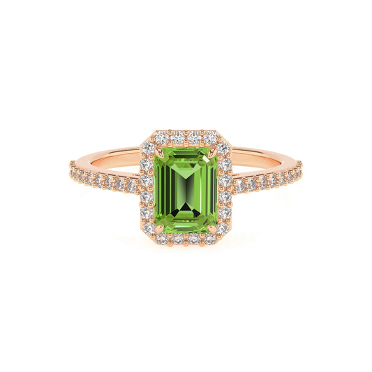 natural peridot emerald cut solitaire rings in rose gold 