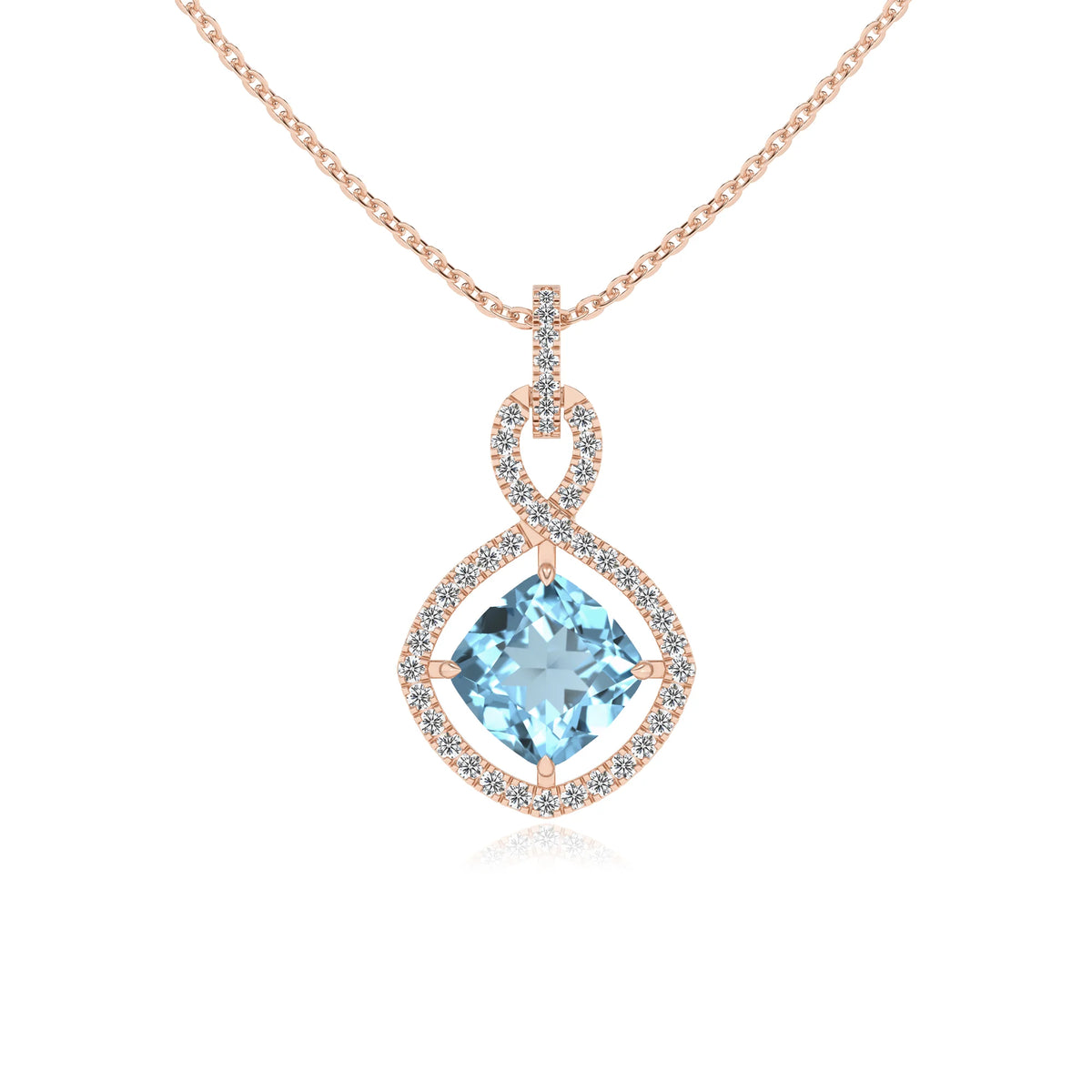 lab grown aquamarine cushion infinity necklaces in rose gold 