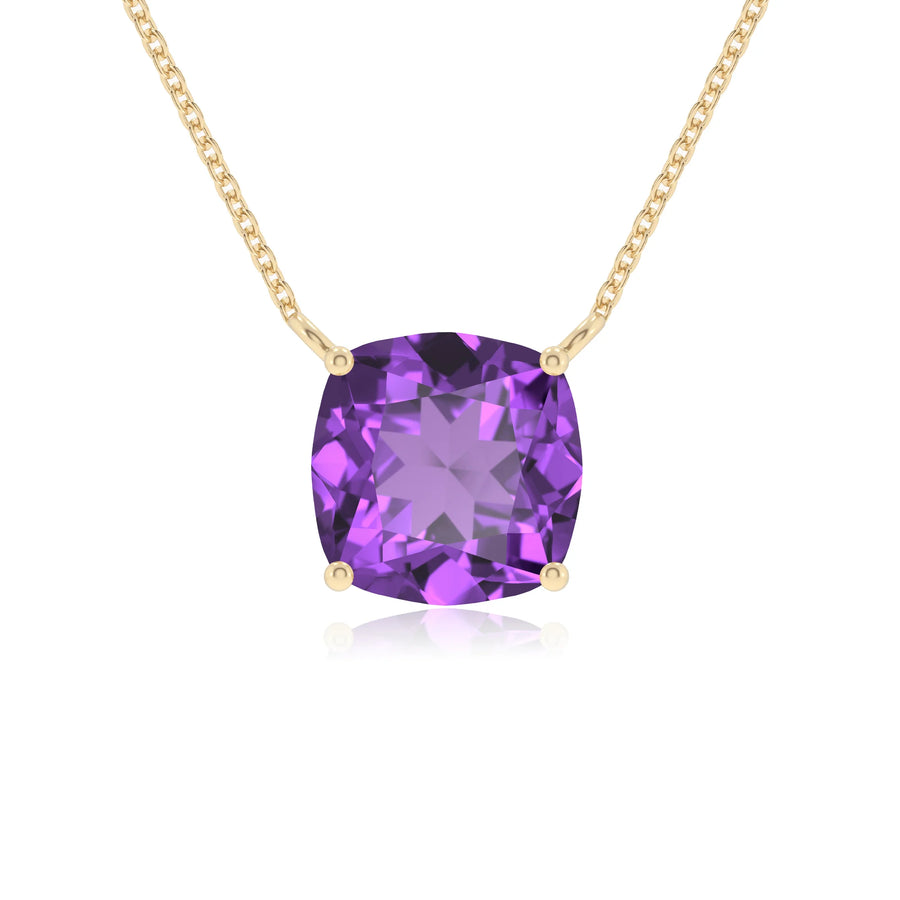 lab grown amethyst cushion solitaire necklaces in yellow gold 