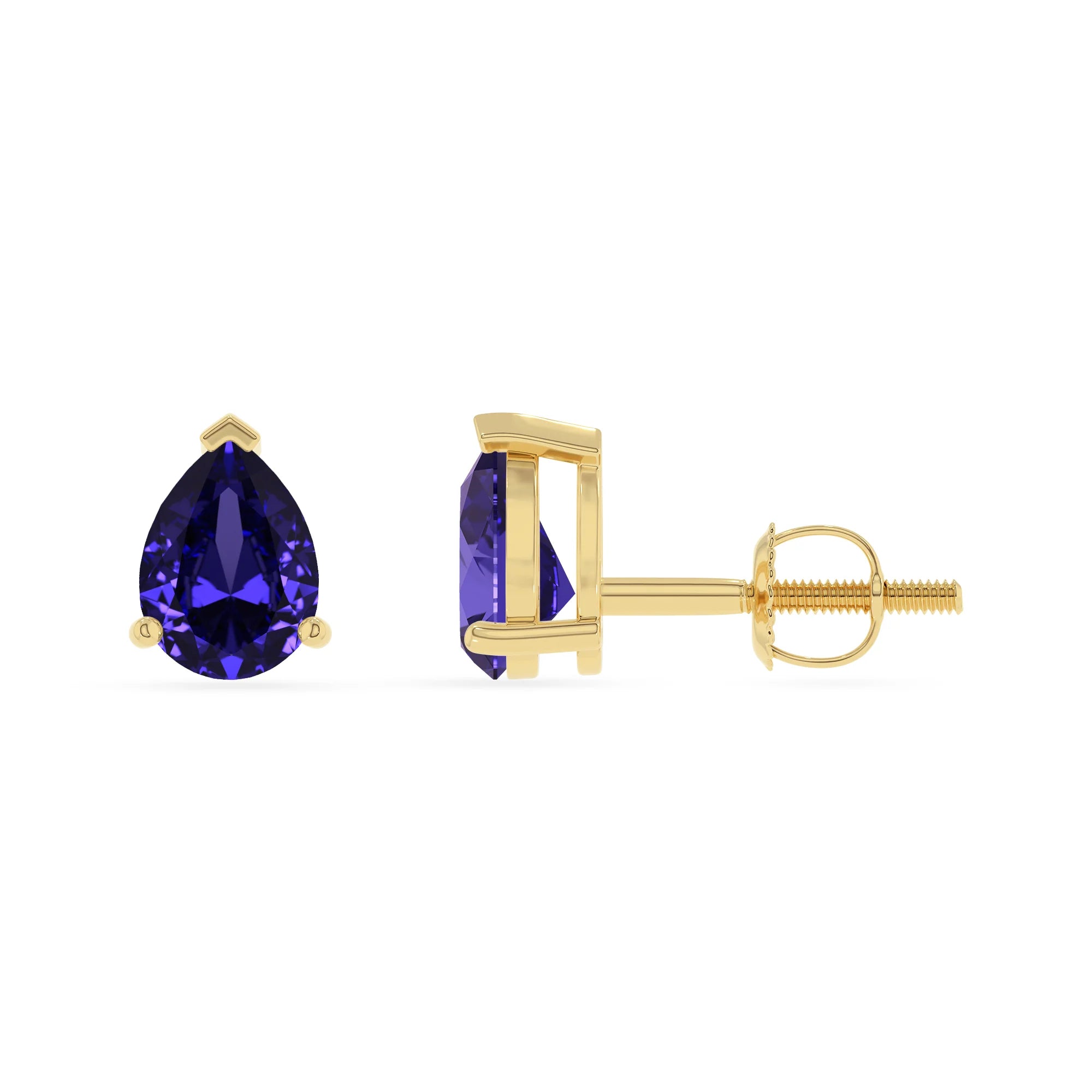 lab grown tanzanite pear stud earrings in yellow gold 