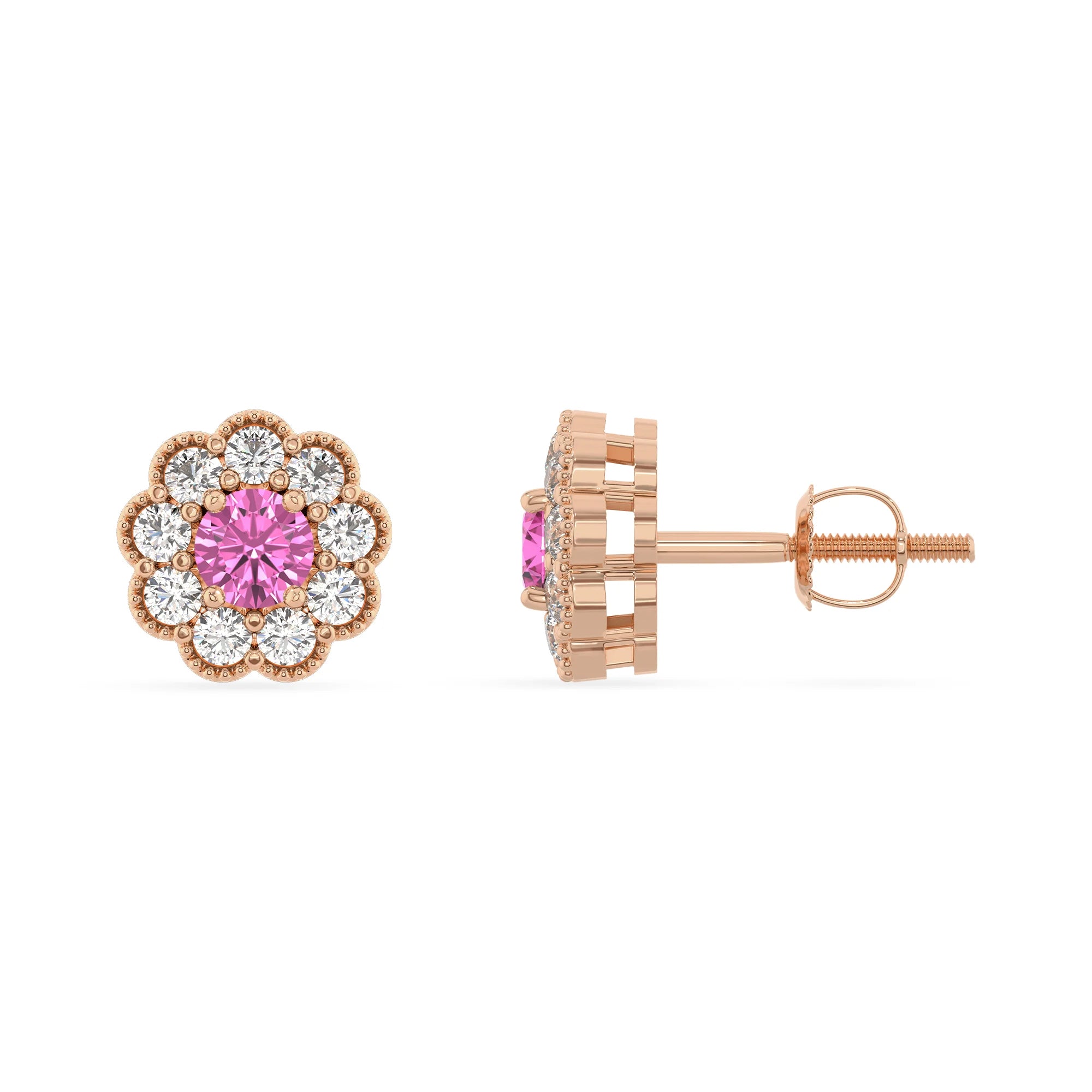 lab grown pink sapphire round stud earrings in rose gold 