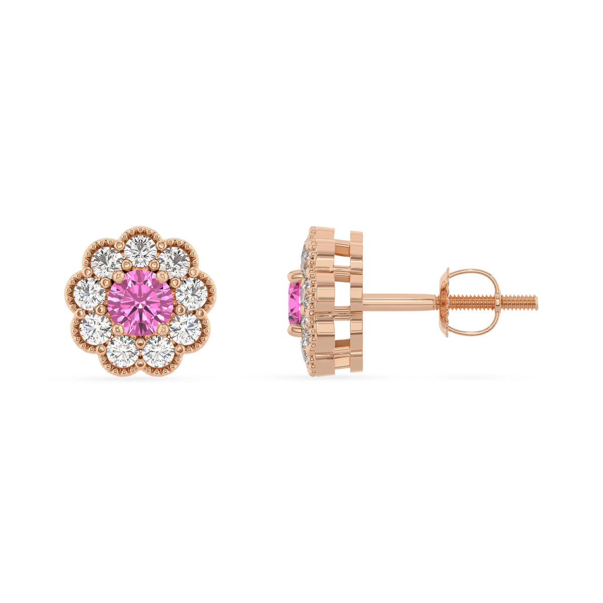 lab grown pink sapphire round stud earrings in rose gold 