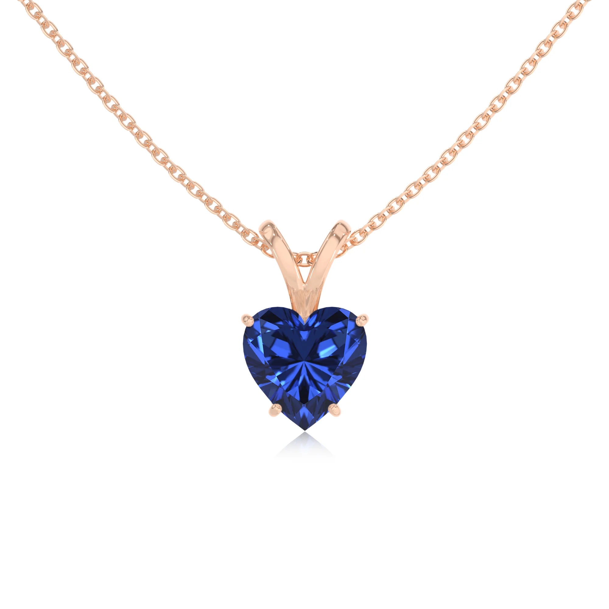lab grown blue-sapphire heart solitaire v-bale necklaces in rose gold 