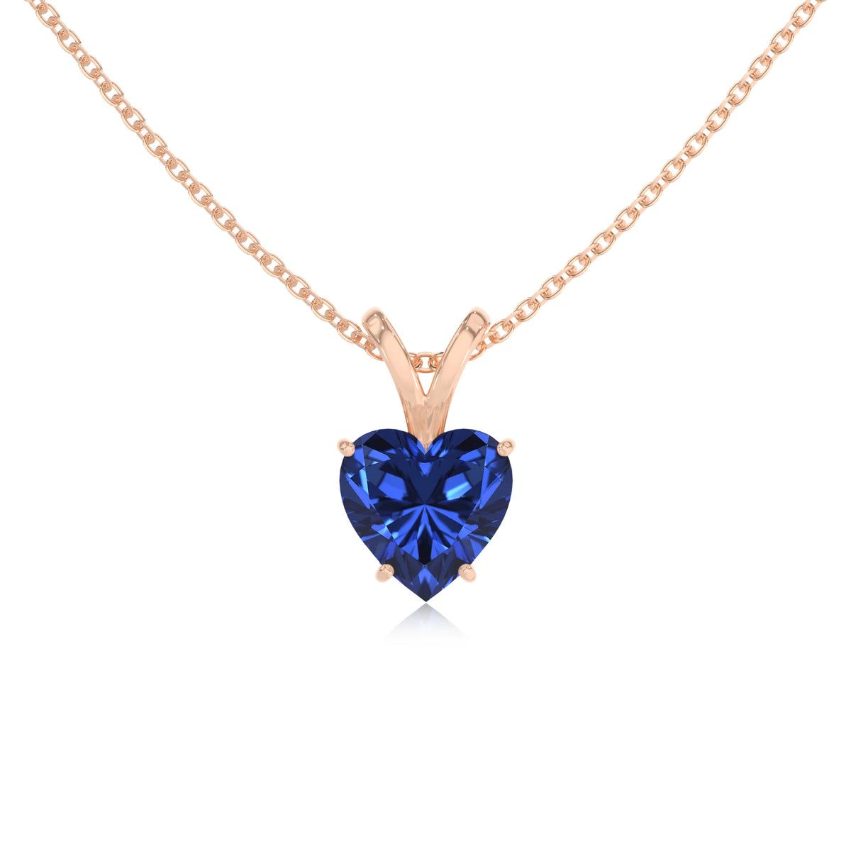 lab grown blue-sapphire heart solitaire v-bale necklaces in rose gold 