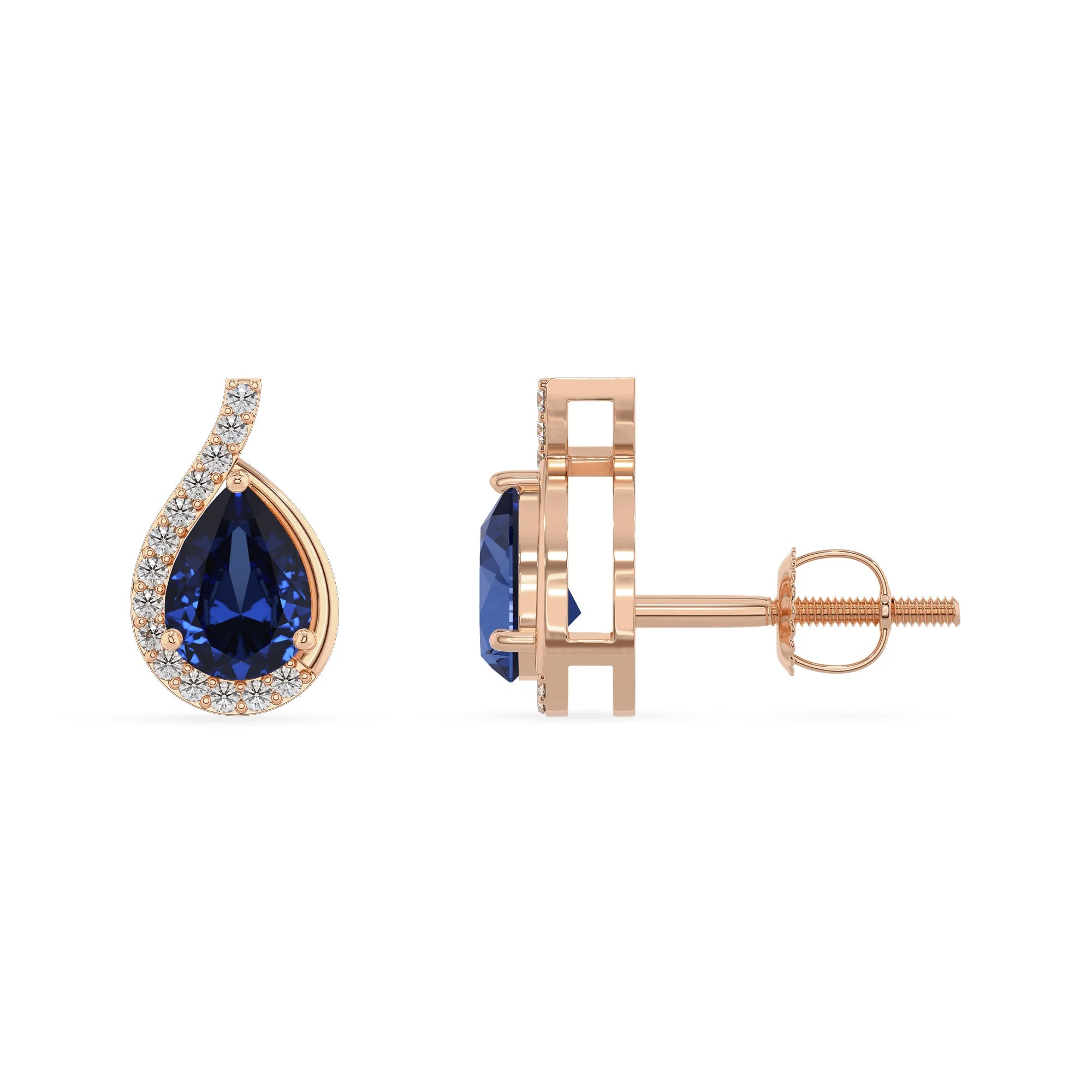 lab grown blue sapphire pear stud earrings in rose gold 