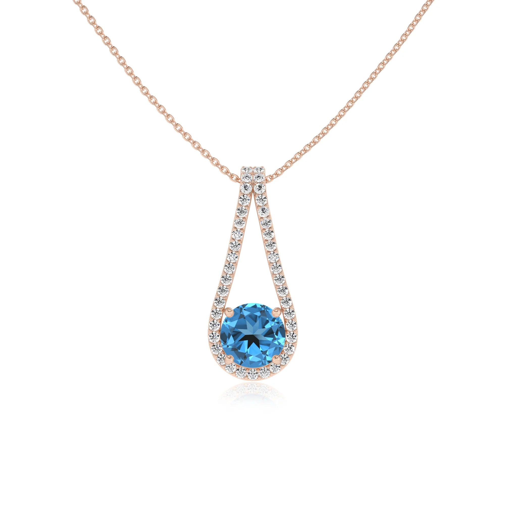 natural swiss-blue-topaz round solitaire v-bale necklaces in rose gold 