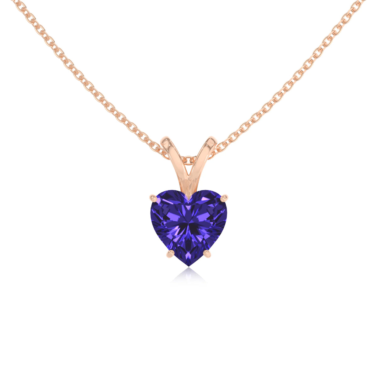 lab grown tanzanite heart solitaire v-bale necklaces in rose gold 