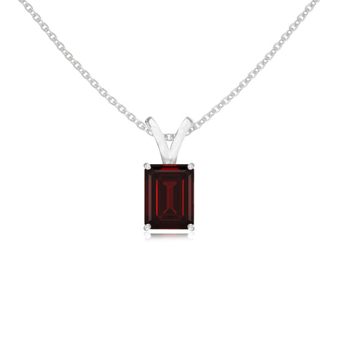 Natural Garnet Emerald-Cut Solitaire V-Bale Pendant Necklace with 18" Chain