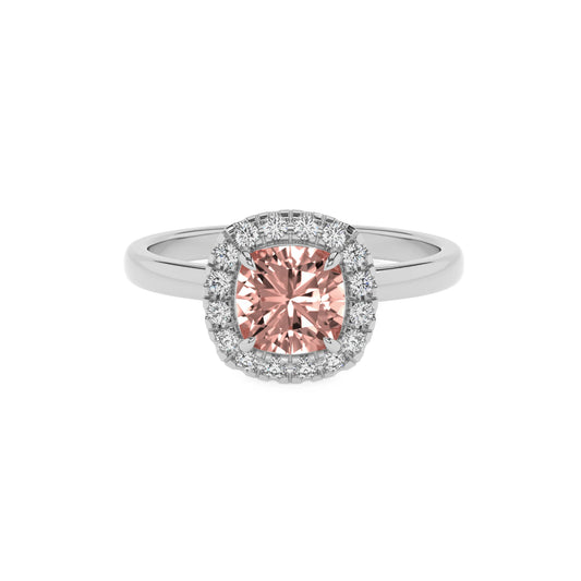 lab grown morganite cushion solitaire rings in platinum 