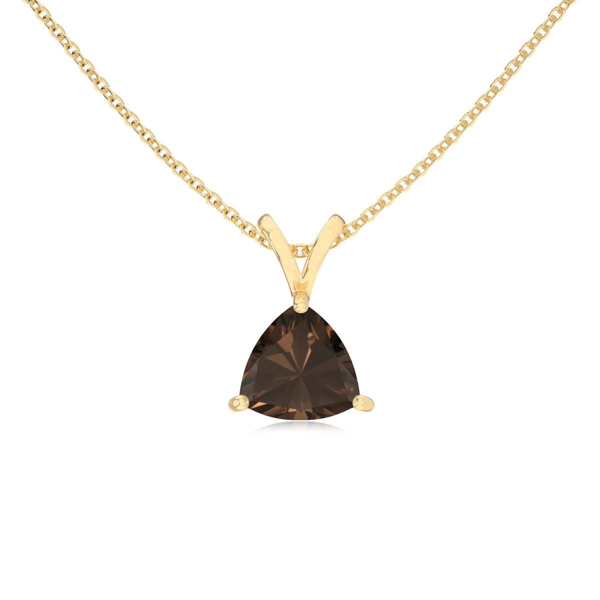 natural smoky-quartz trillion solitaire v-bale necklaces in yellow gold 