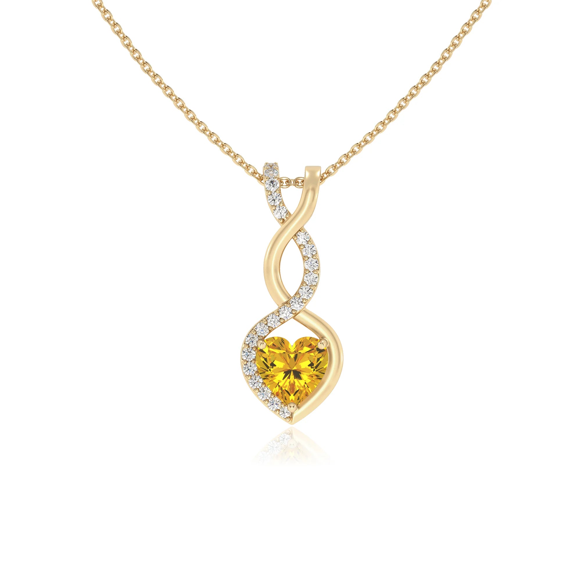 lab grown yellow-sapphire heart infinity necklaces in yellow gold 
