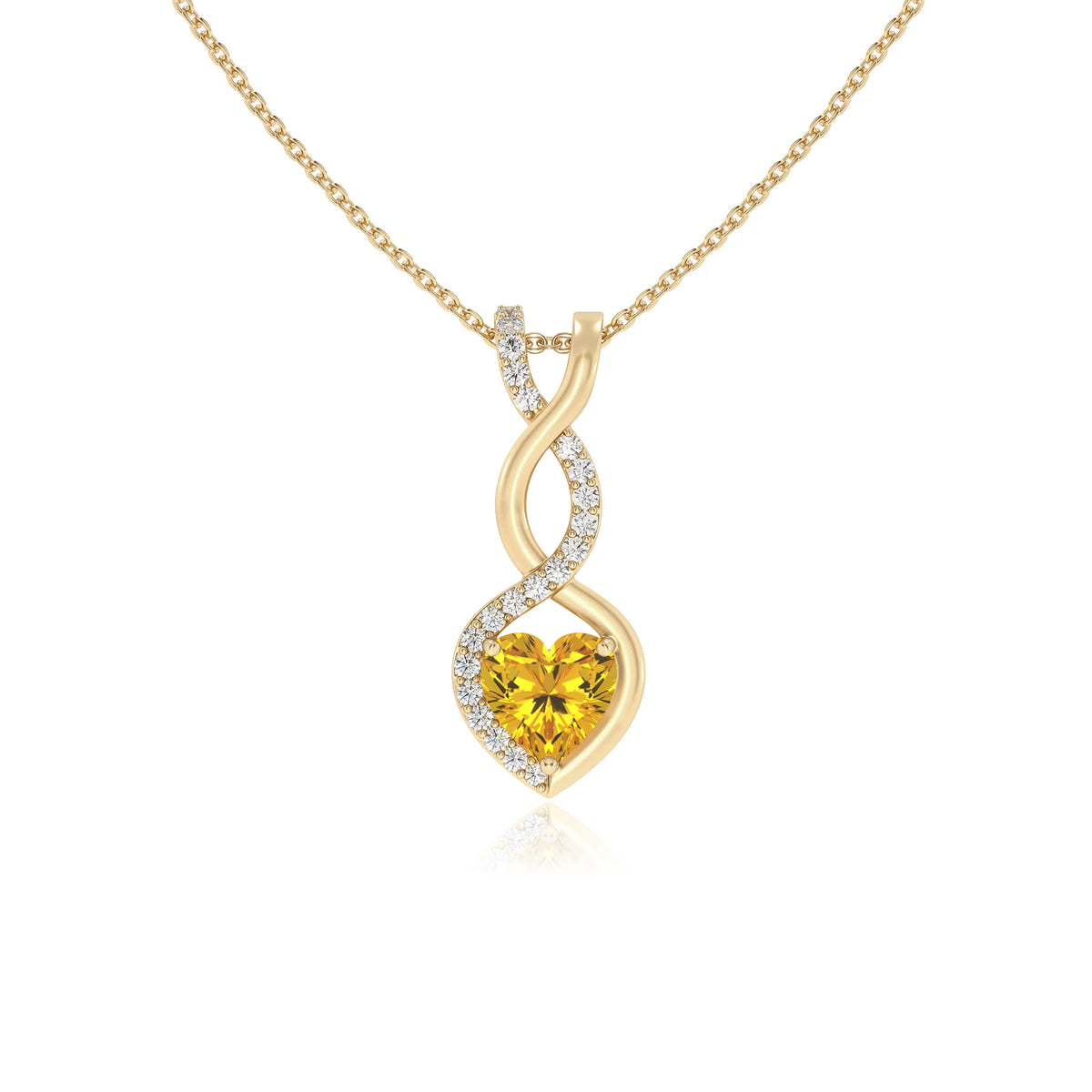 lab grown yellow-sapphire heart infinity necklaces in yellow gold 