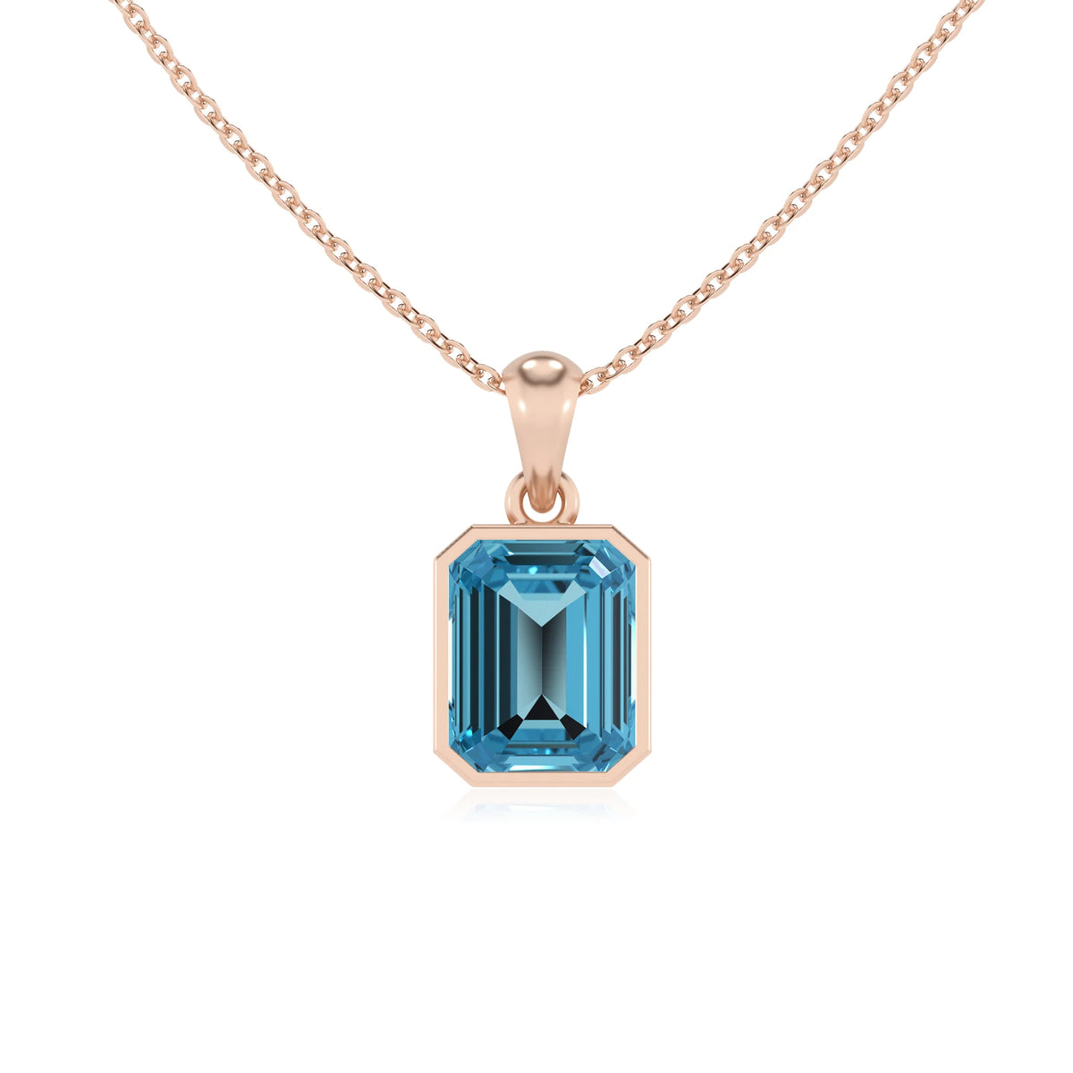 natural swiss-blue-topaz emerald cut solitaire necklaces in rose gold 
