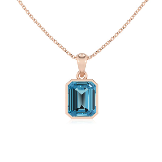 natural swiss-blue-topaz emerald cut solitaire necklaces in rose gold 