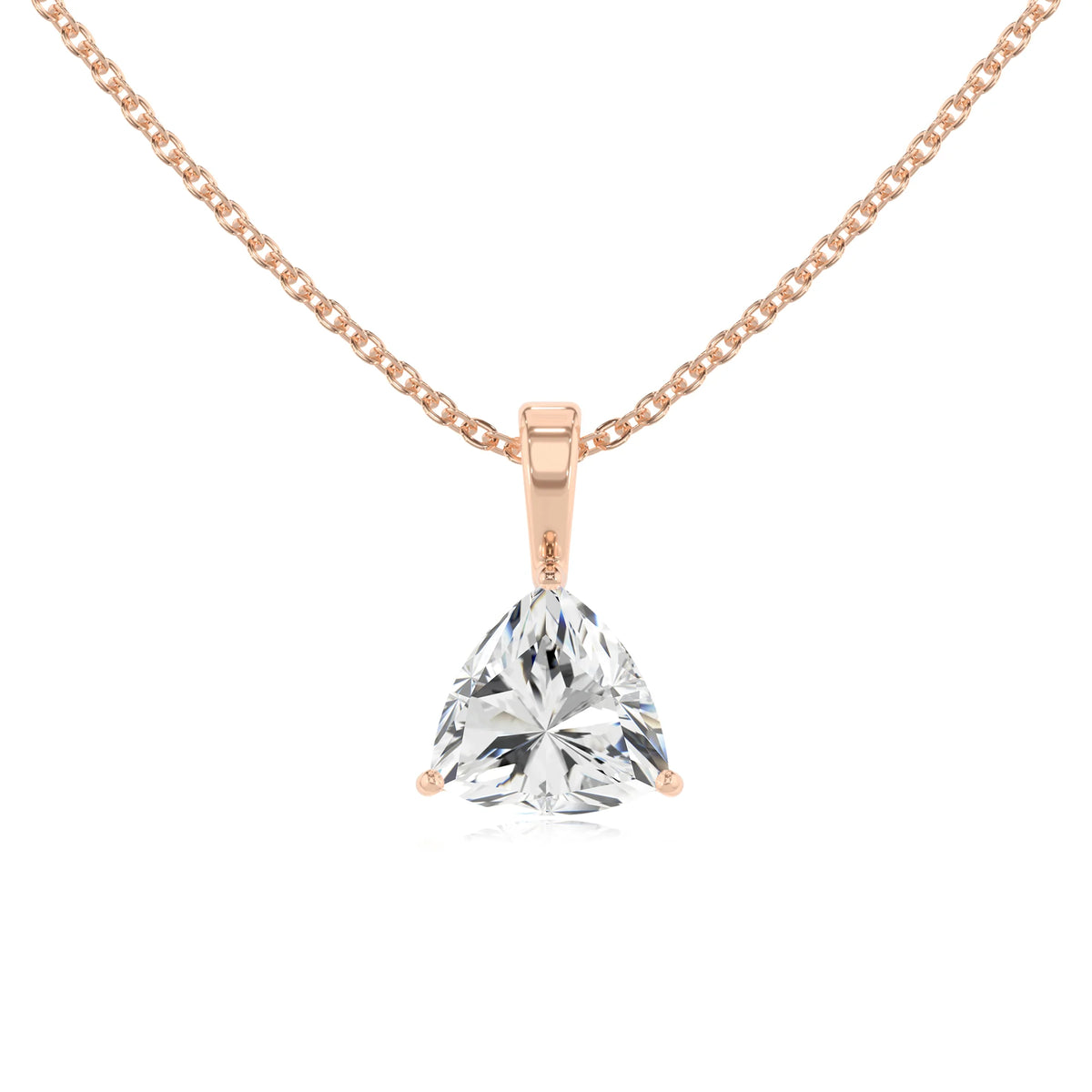 lab grown moissanite trillion solitaire necklaces in rose gold 