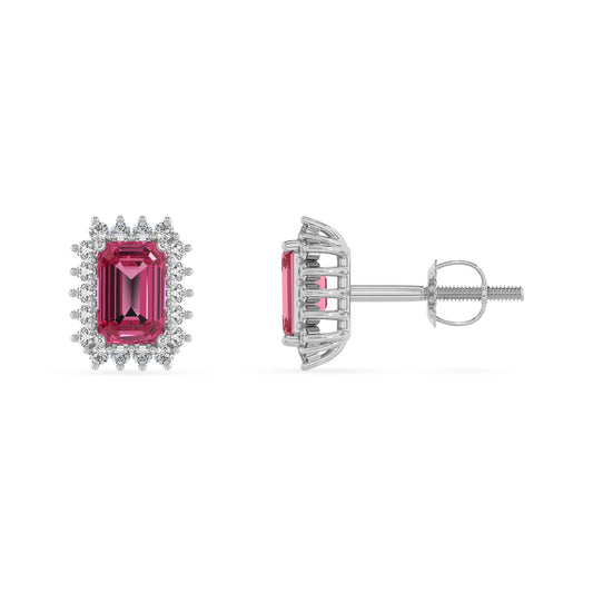 lab grown pink tourmaline emerald cut stud earrings in white gold 