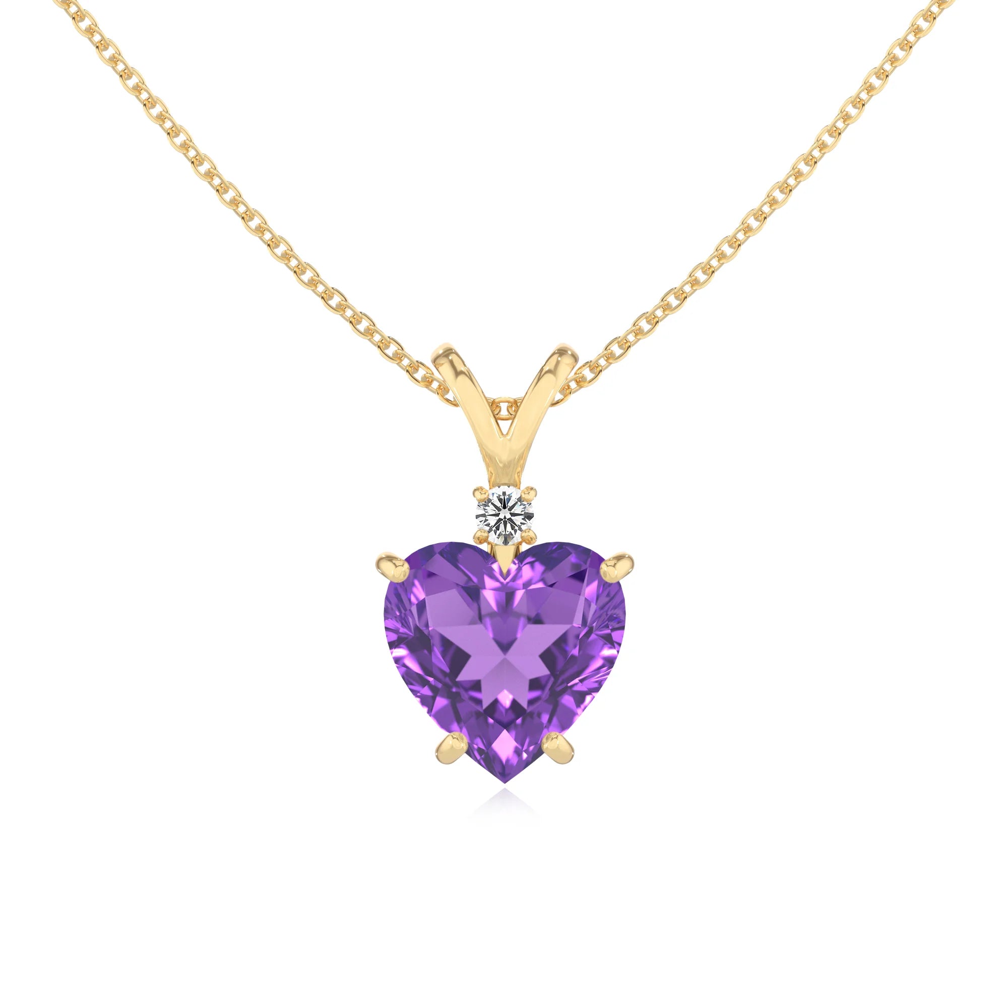 lab grown amethyst heart solitaire v-bale necklaces in yellow gold 